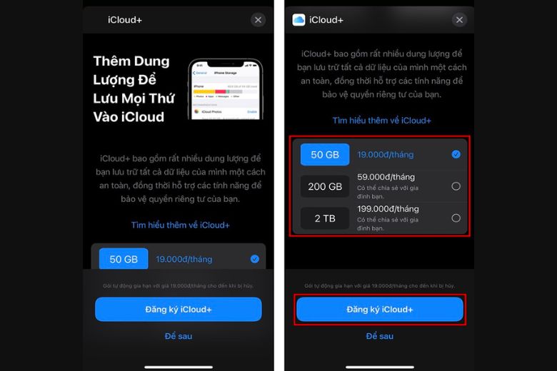Chọn gói iCloud phù hợp và xác nhận thanh toán Chọn gói iCloud phù hợp và xác nhận thanh toán