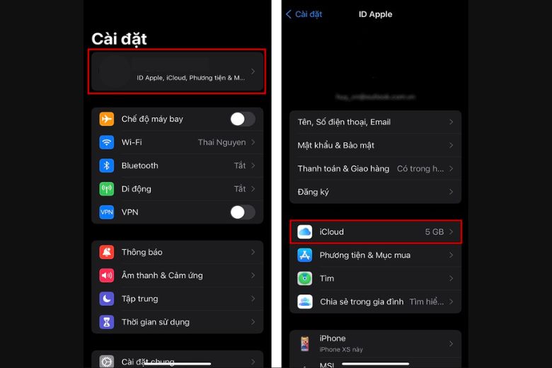 : Truy cập cài đặt iCloud